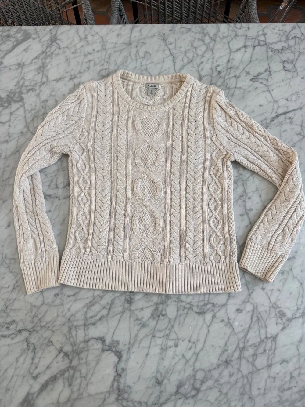 L L Bean Women's Cable Mixed Knit Sweater Ivory Sz Small Petite 100% Org Cotton